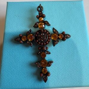 Orange Crystal Bronze Tone Cross Pendant Necklace